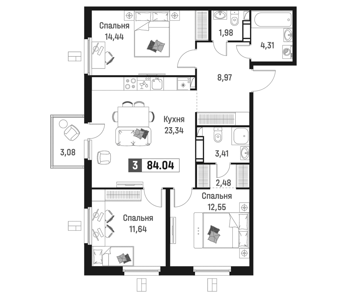 Планировка евро-4 (4Е) 84.04 м² в ЖК «Максималист», корпус 2