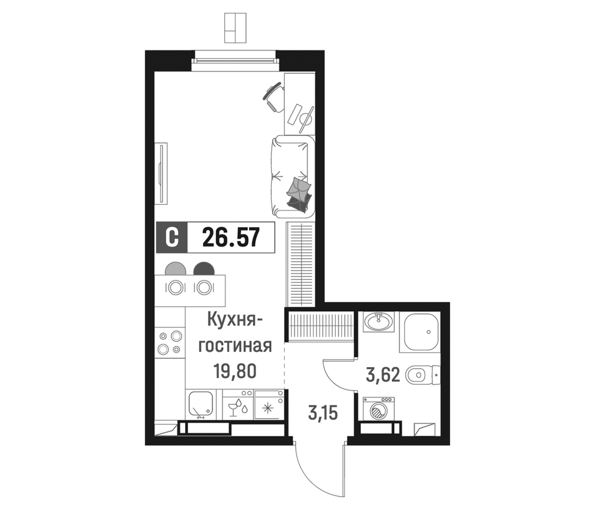Планировка Студии 26.57 м² в ЖК «Максималист», корпус 2