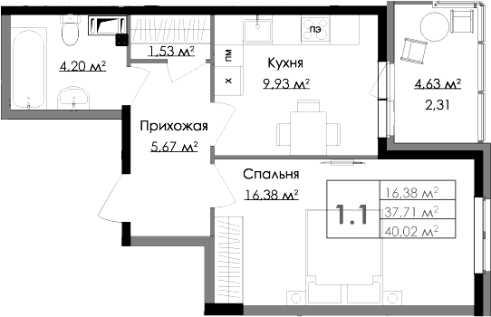 Планировка однокомнатная 40.02 м² в ЖК «Малая Финляндия», корпус РОВАНИЕМИ (M7)