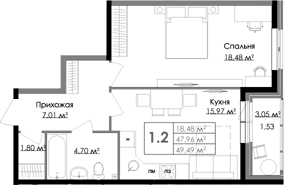 Планировка однокомнатная 49.49 м² в ЖК «Малая Финляндия», корпус КОТКА (M6)