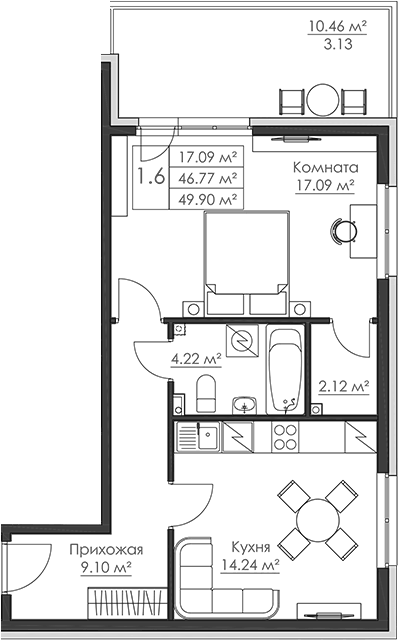 Планировка однокомнатная 49.9 м² в ЖК «Малая Финляндия», корпус РАУМА (T2)