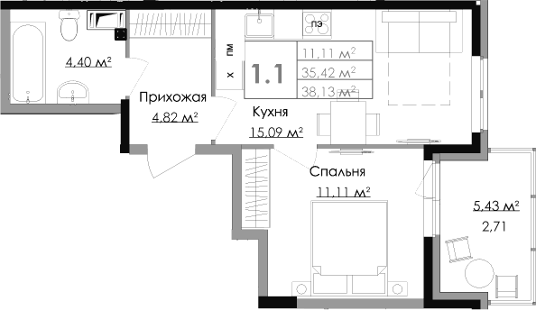 Планировка евродвушка (2Е) 38.13 м² в ЖК «Малая Финляндия», корпус ОУЛУ (M5)
