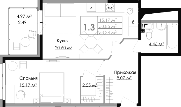 Планировка евродвушка (2Е) 53.34 м² в ЖК «Малая Финляндия», корпус КОТКА (M6)