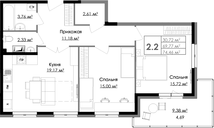 Планировка евротрёшка (3Е) 74.46 м² в ЖК «Малая Финляндия», корпус РОВАНИЕМИ (M7)