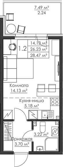 Планировка Студии 28.47 м² в ЖК «Малая Финляндия», корпус РАУМА (T2)