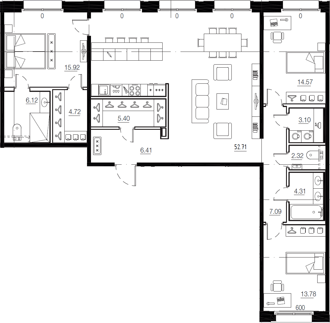 Планировка евро-4 (4Е) 135.2 м² в ЖК «Малоохтинский, 68», корпус 1-8