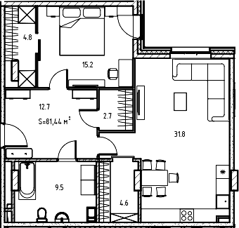 Планировка евродвушка (2Е) 81.58 м² в ЖК «Клубный дом Манхеттен», корпус 1