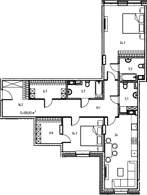 Планировка евротрёшка (3Е) 113.9 м² в ЖК «Клубный дом Манхеттен», корпус 1