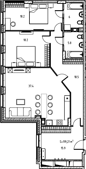 Планировка евротрёшка (3Е) 119.04 м² в ЖК «Клубный дом Манхеттен», корпус 1