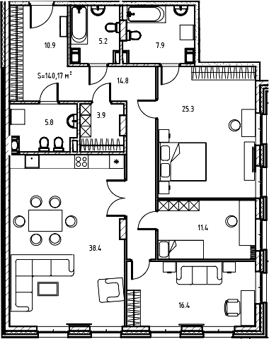 Планировка евро-4 (4Е) 140.09 м² в ЖК «Клубный дом Манхеттен», корпус 1