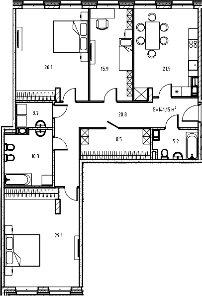 Планировка евро-4 (4Е) 140.71 м² в ЖК «Клубный дом Манхеттен», корпус 1