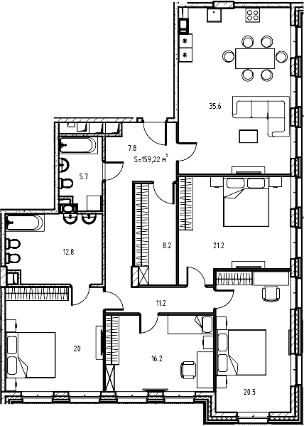 Планировка 5Е-к.кв 159.22 м² в ЖК «Клубный дом Манхеттен», корпус 1