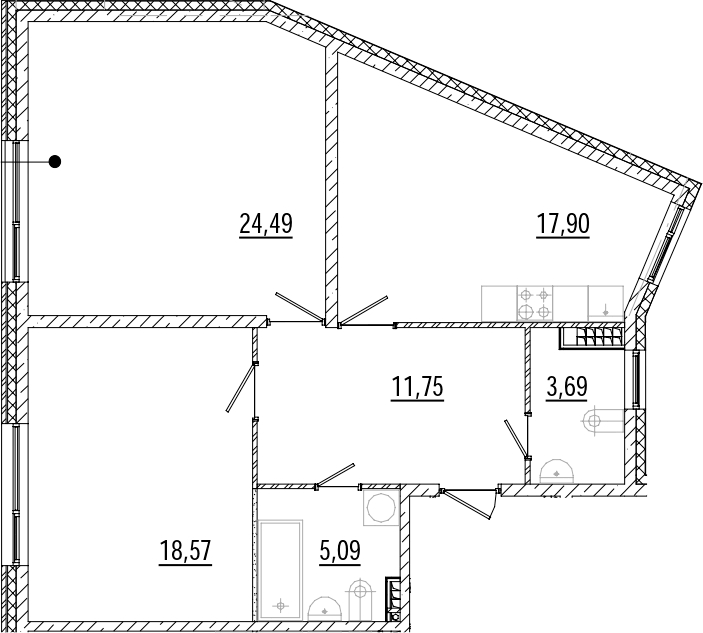 Планировка двухкомнатная 81.49 м² в ЖК «Мануфактура», корпус 1