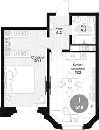 Планировка однокомнатная 47.8 м² в ЖК «Мариинка Делюкс», корпус 1