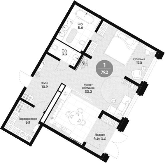 Планировка однокомнатная 79.2 м² в ЖК «Мариинка Делюкс», корпус 1
