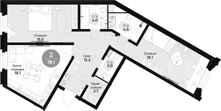 Планировка двухкомнатная 78.1 м² в ЖК «Мариинка Делюкс», корпус 1