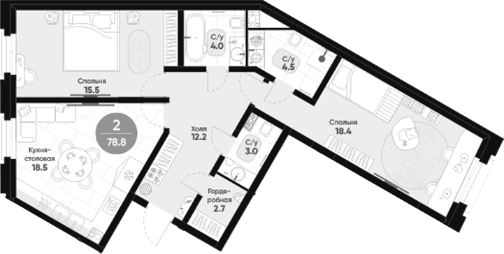 Планировка двухкомнатная 78.8 м² в ЖК «Мариинка Делюкс», корпус 1