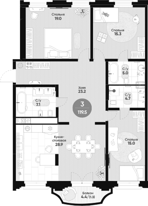 Планировка трёхкомнатная 119.5 м² в ЖК «Мариинка Делюкс», корпус 1