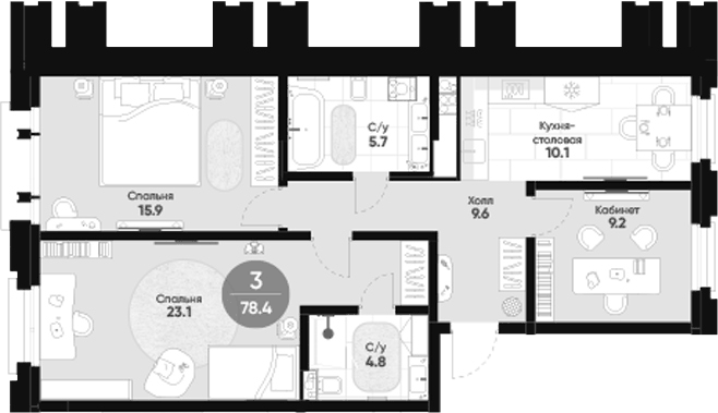 Планировка трёхкомнатная 78.4 м² в ЖК «Мариинка Делюкс», корпус 1