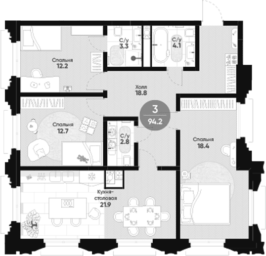 Планировка трёхкомнатная 94.2 м² в ЖК «Мариинка Делюкс», корпус 1