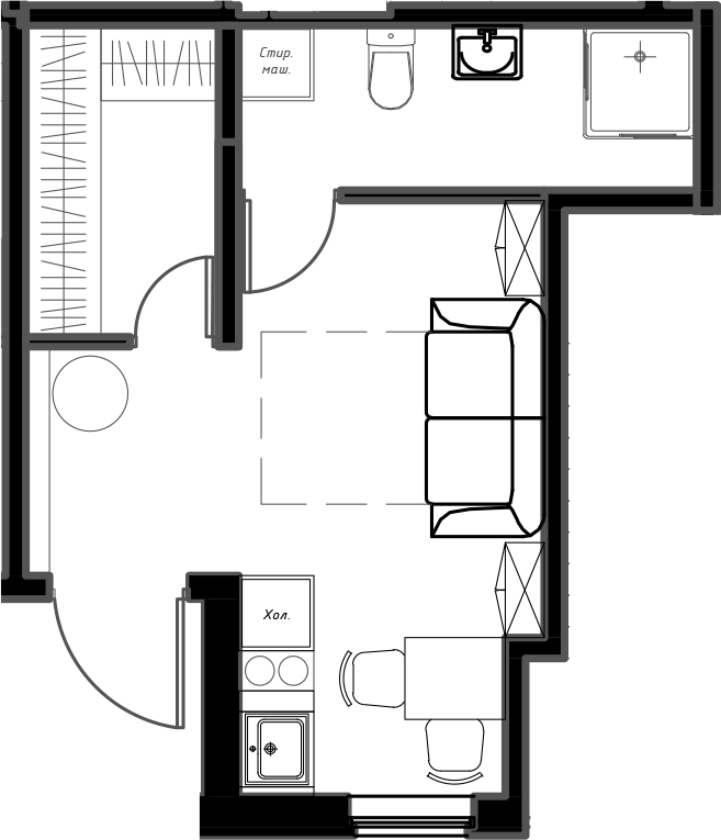 Планировка свободная планировка 22.8 м² в ЖК «Мариоки», корпус 1