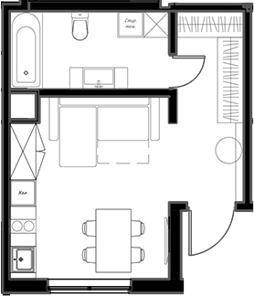 Планировка свободная планировка 28.5 м² в ЖК «Мариоки», корпус 1