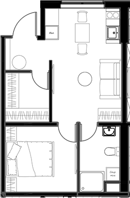 Планировка свободная планировка 35.5 м² в ЖК «Мариоки», корпус 1
