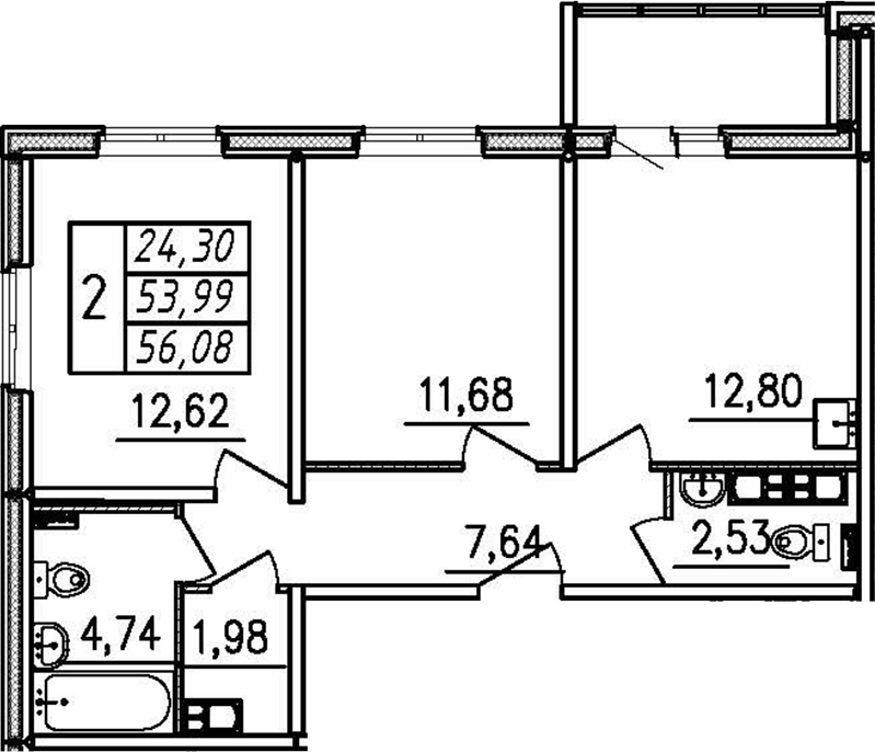 Планировка двухкомнатная 56.08 м² в ЖК «Меридиан. Шушары», корпус 1