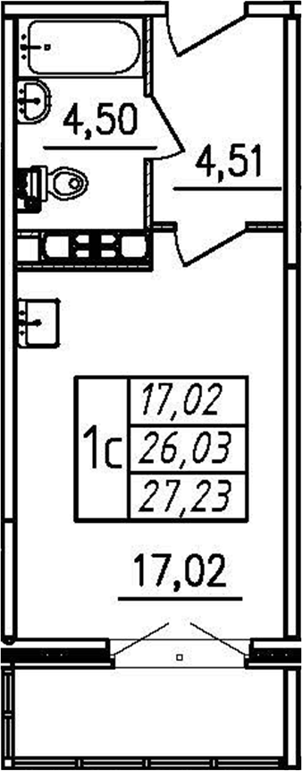 Планировка Студии 27.23 м² в ЖК «Меридиан. Шушары», корпус 1