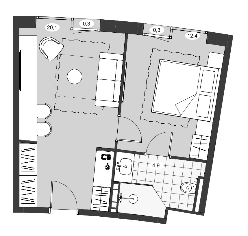 Планировка евродвушка (2Е) 37.4 м² в ЖК «Инвест-Курорт МЕСТО Рощино», корпус 2
