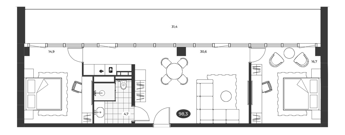Планировка евротрёшка (3Е) 98.3 м² в ЖК «Инвест-Курорт МЕСТО Рощино», корпус 2