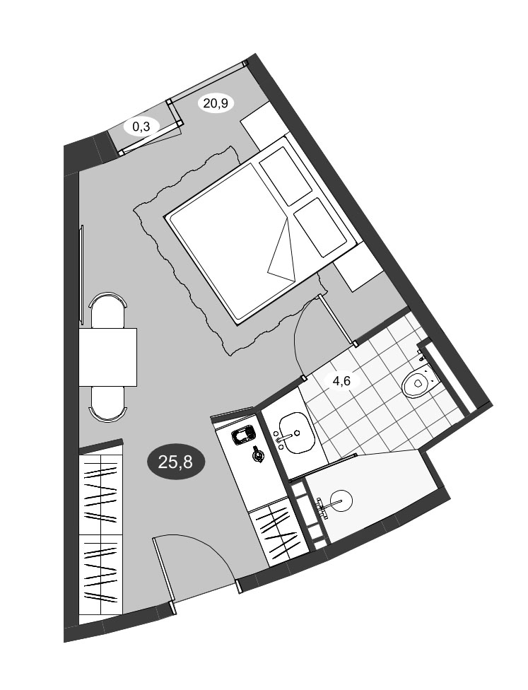 Планировка Студии 25.8 м² в ЖК «Инвест-Курорт МЕСТО Рощино», корпус 2