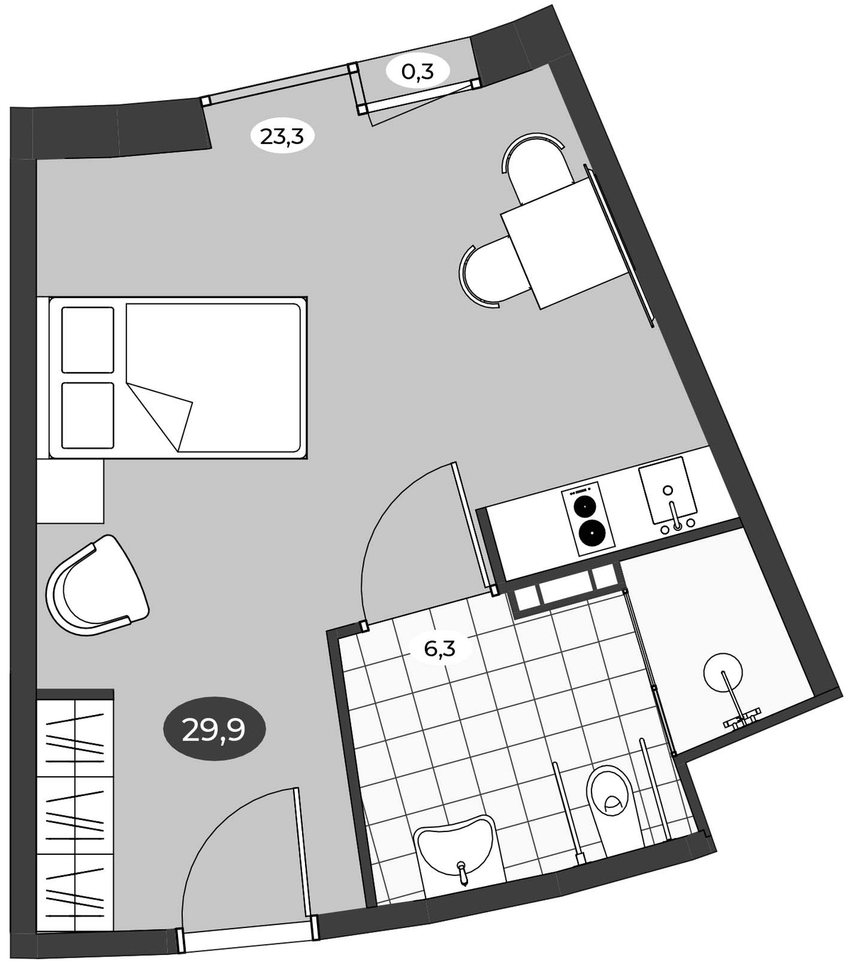 Планировка Студии 29.9 м² в ЖК «Инвест-Курорт МЕСТО Рощино», корпус 1