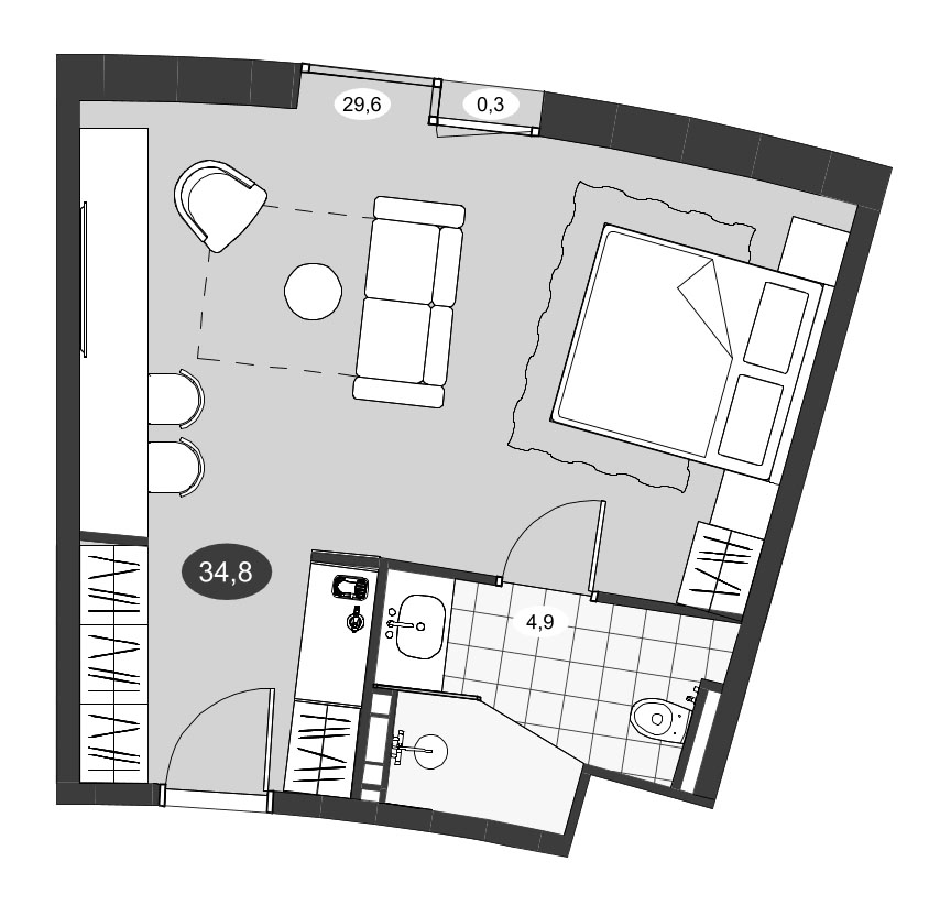 Планировка Студии 34.8 м² в ЖК «Инвест-Курорт МЕСТО Рощино», корпус 1