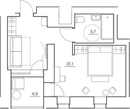 Планировка однокомнатная 41.7 м² в ЖК «Инвест-Курорт МЕСТО Смолячково», корпус З