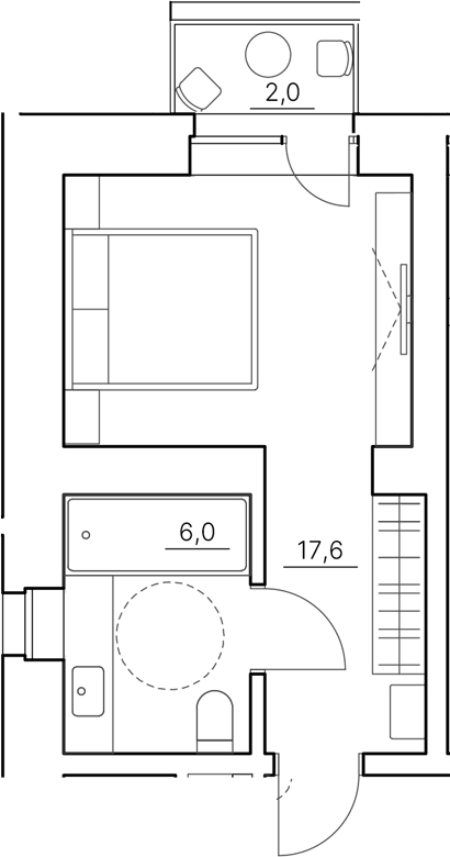 Планировка Студии 25.6 м² в ЖК «Инвест-Курорт МЕСТО Смолячково», корпус В