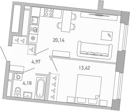 Планировка однокомнатная 42.71 м² в ЖК «Министр», корпус 1