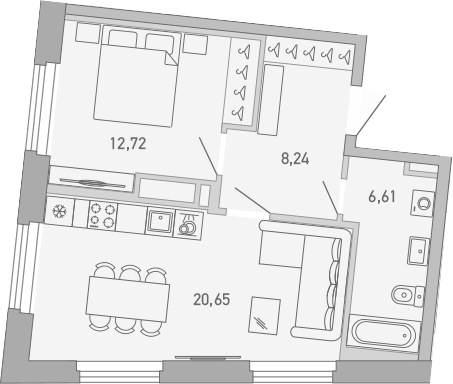 Планировка однокомнатная 48.22 м² в ЖК «Министр», корпус 1