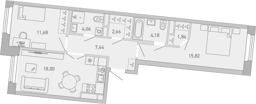 Планировка двухкомнатная 65.68 м² в ЖК «Министр», корпус 1