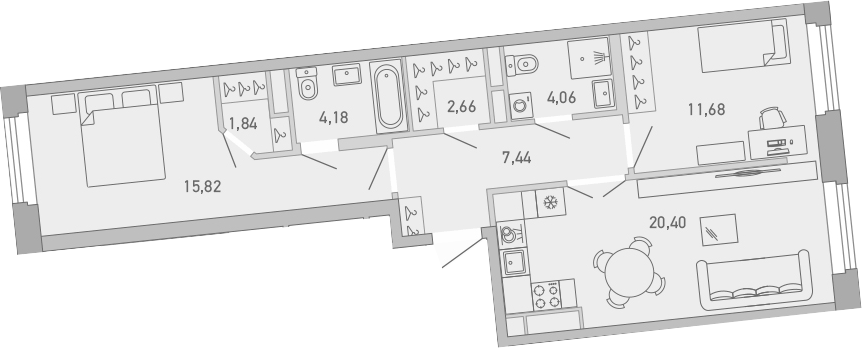 Планировка двухкомнатная 68.08 м² в ЖК «Министр», корпус 1