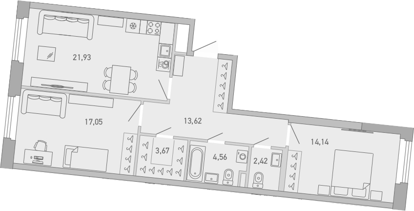 Планировка двухкомнатная 77.39 м² в ЖК «Министр», корпус 1