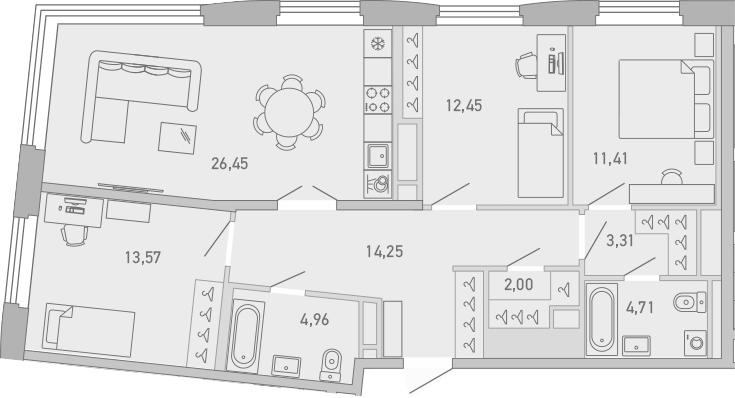 Планировка трёхкомнатная 93.11 м² в ЖК «Министр», корпус 1