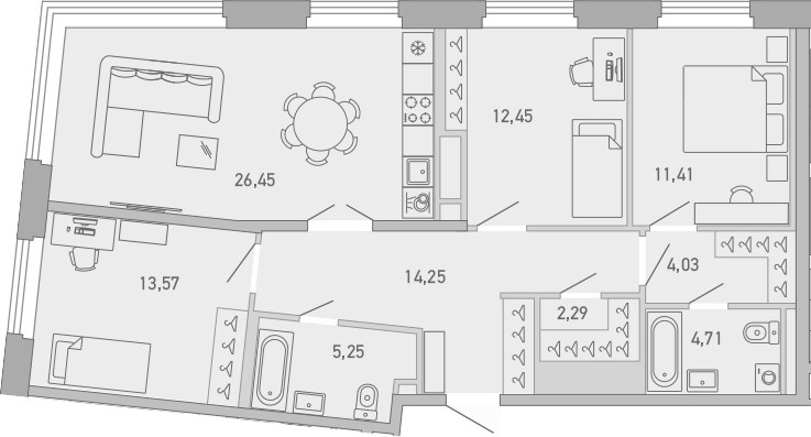 Планировка трёхкомнатная 94.41 м² в ЖК «Министр», корпус 1