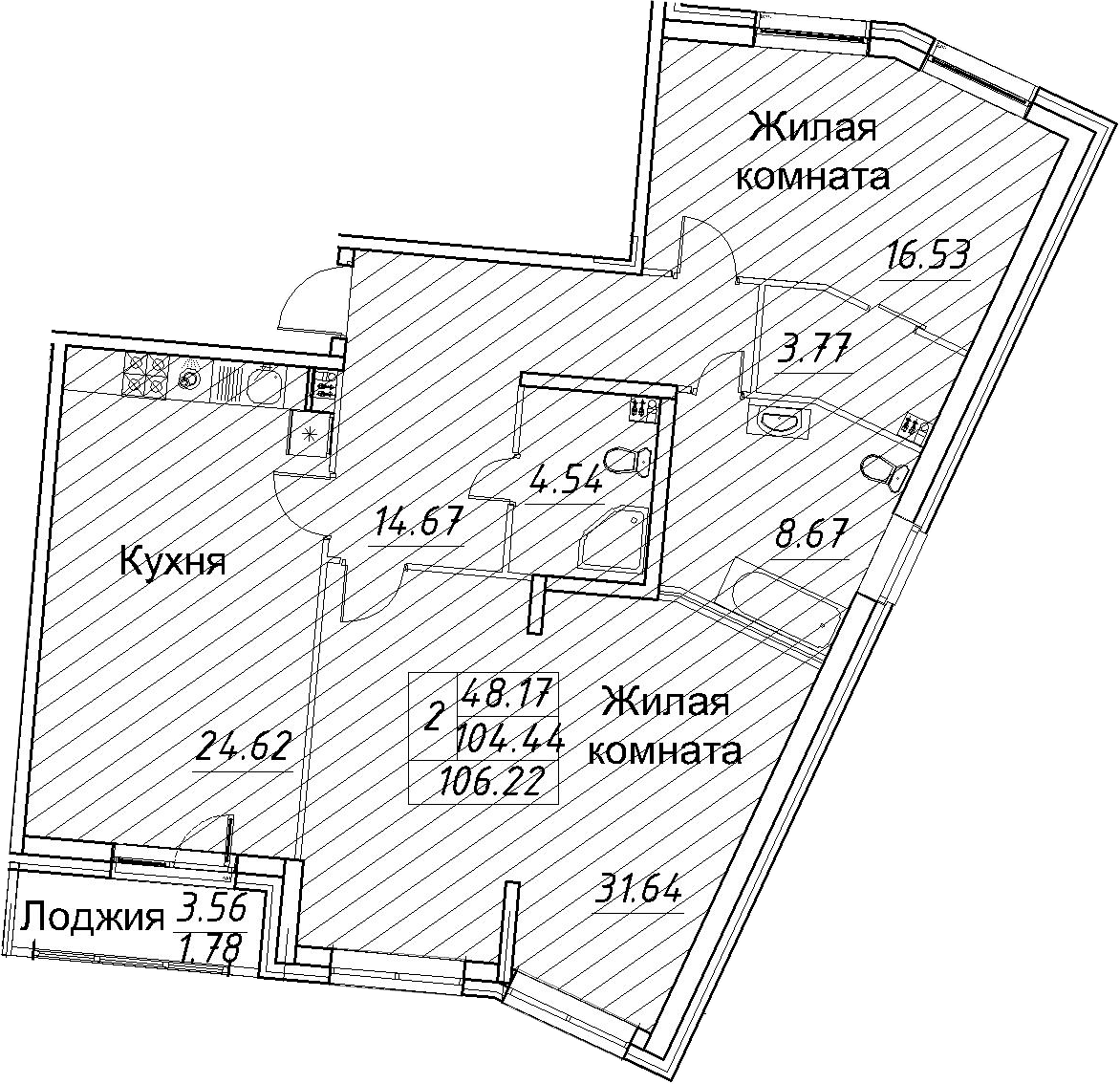 Планировка двухкомнатная 106.22 м² в ЖК «Modum», корпус 3