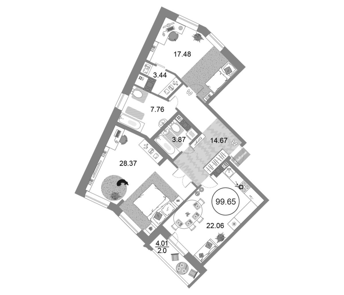 Планировка двухкомнатная 99.65 м² в ЖК «Modum», корпус 3