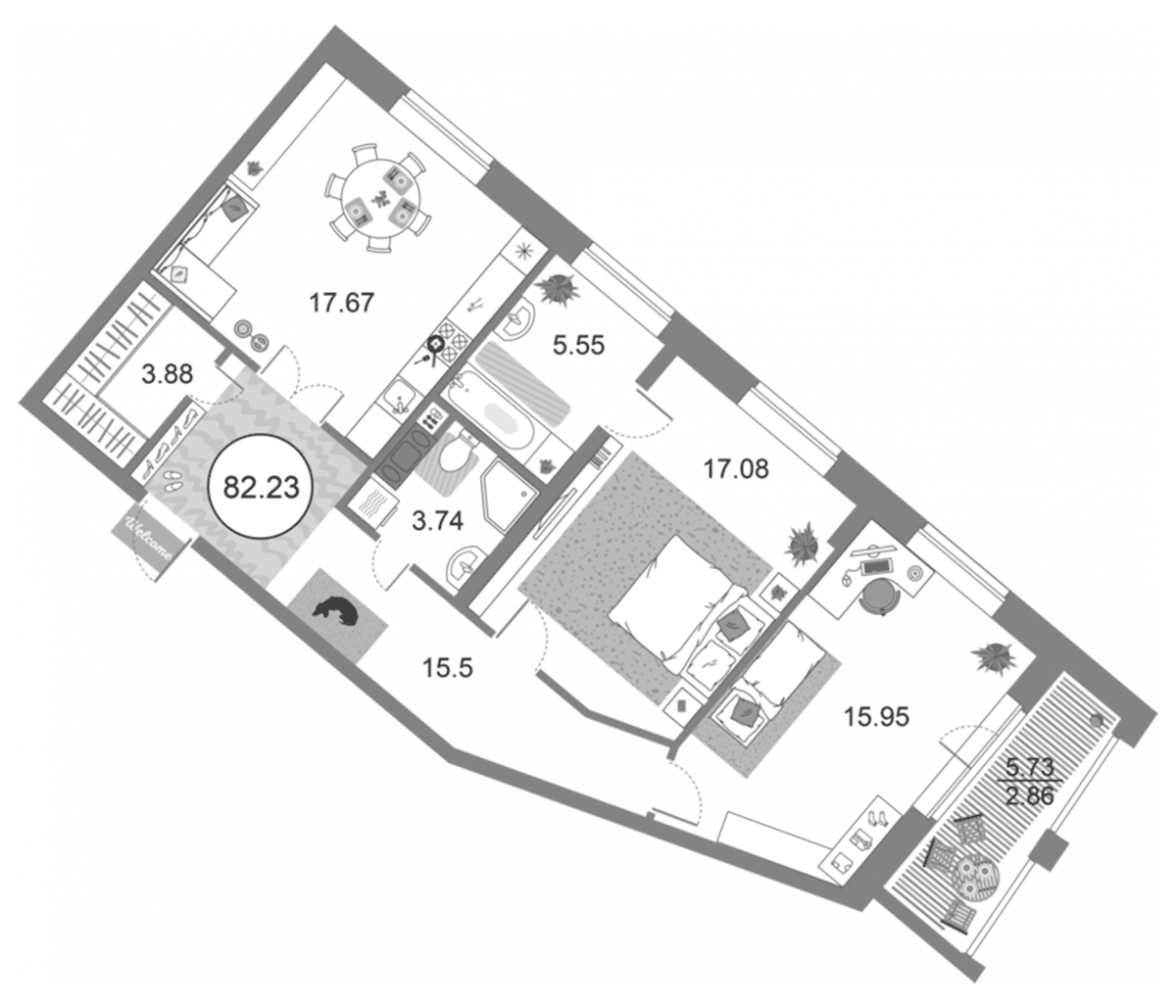 Планировка евротрёшка (3Е) 82.23 м² в ЖК «Modum», корпус 1