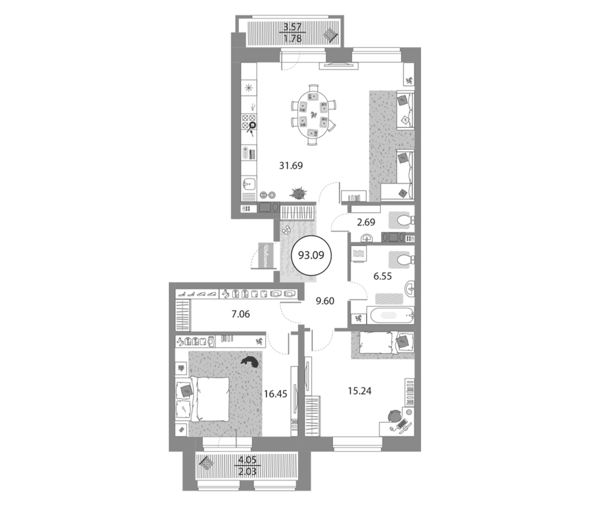 Планировка евротрёшка (3Е) 93.09 м² в ЖК «Modum», корпус 2