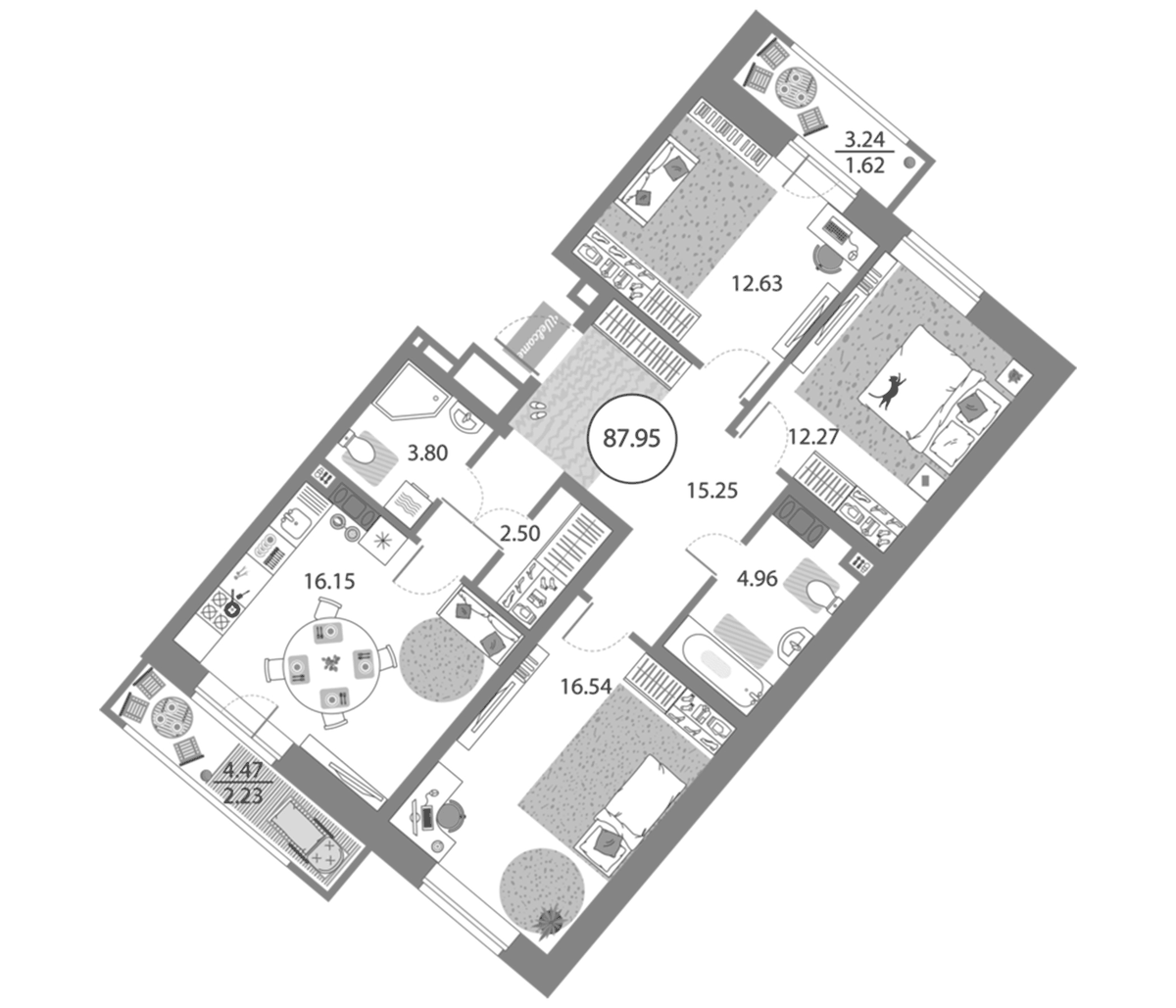 Планировка трёхкомнатная 87.95 м² в ЖК «Modum», корпус 2
