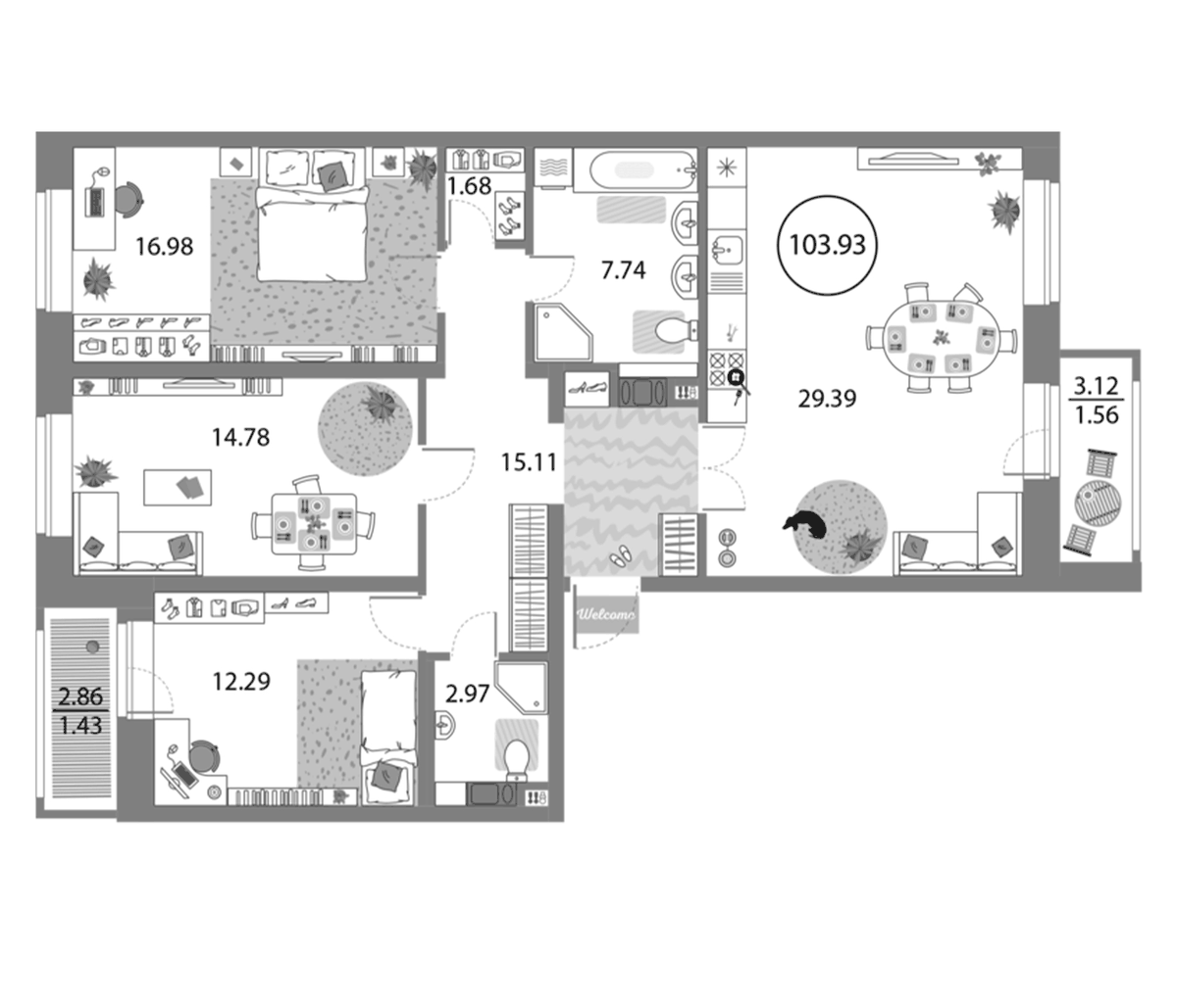 Планировка евро-4 (4Е) 103.93 м² в ЖК «Modum», корпус 2