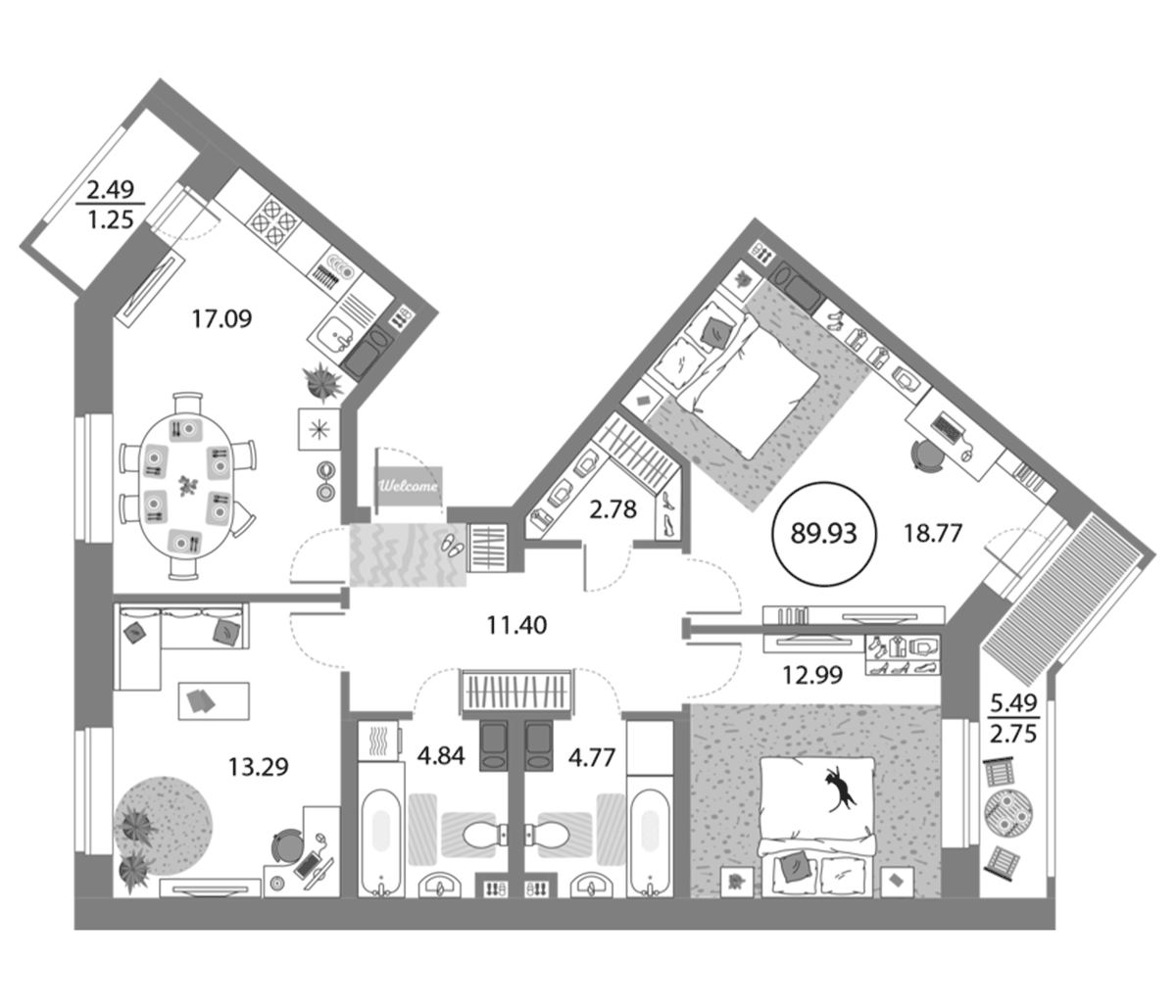 Планировка евро-4 (4Е) 89.93 м² в ЖК «Modum», корпус 2